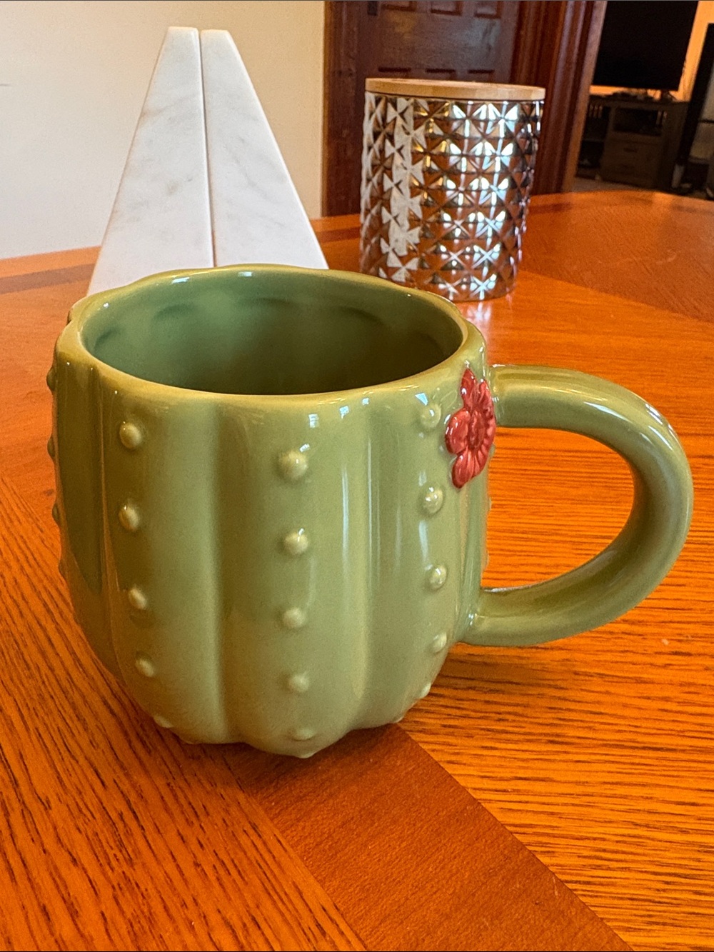 Green Cactus Ceramic Coffee Mug with Floral Accent